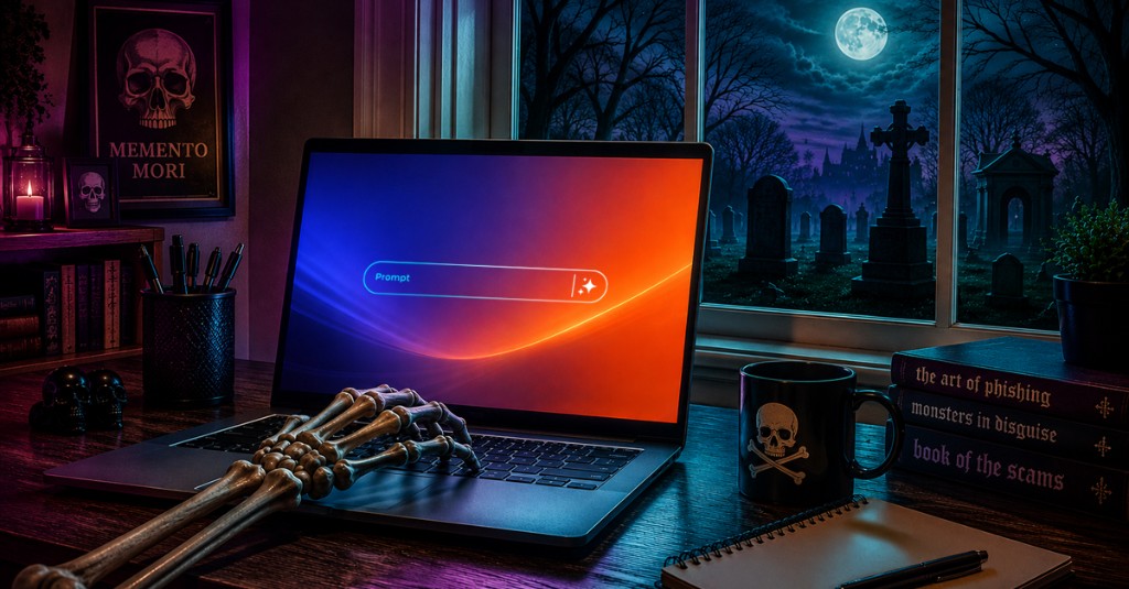 Halloween laptop with a skeleton hand at the prompt